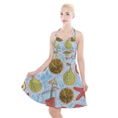 Tropical pattern Halter Party Swing Dress 