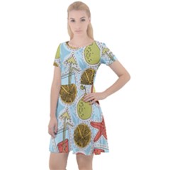 Tropical pattern Cap Sleeve Velour Dress 