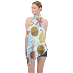 Tropical pattern Halter Asymmetric Satin Top