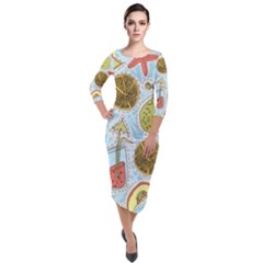 Tropical Pattern Quarter Sleeve Midi Velour Bodycon Dress