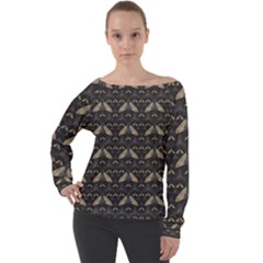 Moth pattern Off Shoulder Long Sleeve Velour Top