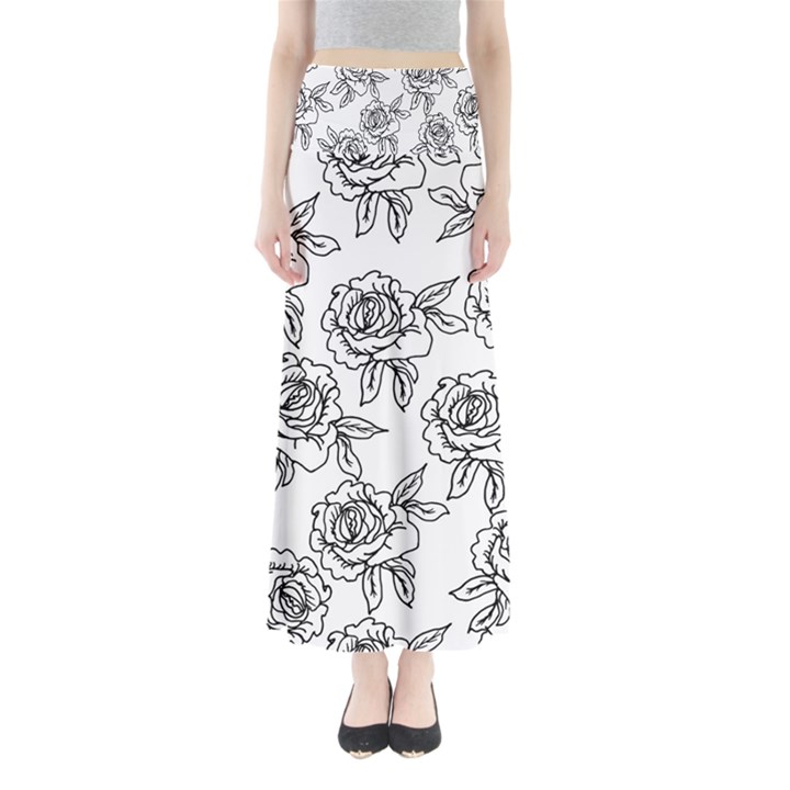 Line Art Black And White Rose Full Length Maxi Skirt