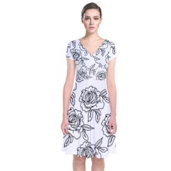 Line Art Black And White Rose Short Sleeve Front Wrap Dress
