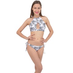 Line Art Black And White Rose Cross Front Halter Bikini Set