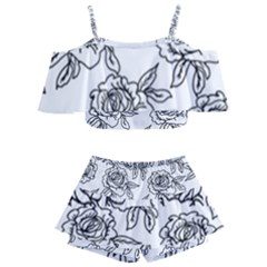 Line Art Black And White Rose Kids  Off Shoulder Skirt Bikini