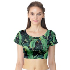 Night Tropical Banana Leaves Short Sleeve Crop Top by goljakoff