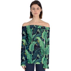 Night Tropical Banana Leaves Off Shoulder Long Sleeve Top by goljakoff