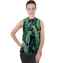 Night Tropical Banana Leaves Mock Neck Chiffon Sleeveless Top by goljakoff