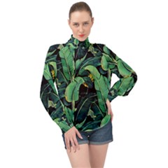 Night Tropical Banana Leaves High Neck Long Sleeve Chiffon Top by goljakoff