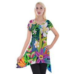 Colorful Floral Pattern Short Sleeve Side Drop Tunic