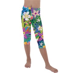 Colorful Floral Pattern Kids  Lightweight Velour Capri Leggings  by designsbymallika