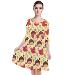 Cute Leaf Pattern Quarter Sleeve Waist Band Dress by designsbymallika