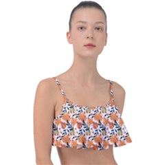 Black Orange Autumn Leaves Pattern Frill Bikini Top by designsbymallika