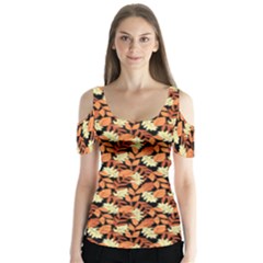 Autumn Leaves Orange Pattern Butterfly Sleeve Cutout Tee 