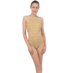 Autumn Leaves Tile Halter Side Cut Swimsuit by DithersDesigns