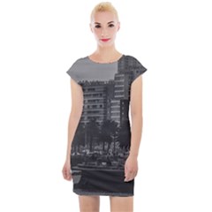 Sunset Coastal Urban Scene, Montevideo, Uruguay Cap Sleeve Bodycon Dress by dflcprintsclothing