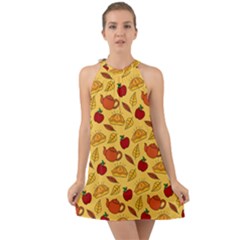 Apple Pie Pattern Halter Tie Back Chiffon Dress by designsbymallika