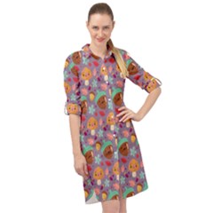 Nuts And Mushroom Pattern Long Sleeve Mini Shirt Dress by designsbymallika