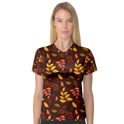 Yellow Green Orange Leaf Pattern V-neck Sport Mesh Tee by designsbymallika