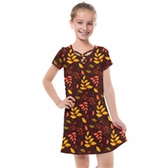 Yellow Green Orange Leaf Pattern Kids  Cross Web Dress by designsbymallika