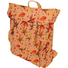 Orange Brown Leaves Buckle Up Backpack by designsbymallika