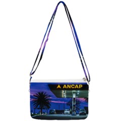 Night Scene Gas Station Building, Montevideo, Uruguay Double Gusset Crossbody Bag by dflcprintsclothing