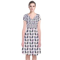 Lady Cat Pattern, Cute Cats Theme, Feline Design Short Sleeve Front Wrap Dress