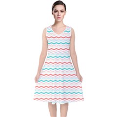 Aqua Coral Waves V-neck Midi Sleeveless Dress  by CuteKingdom