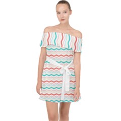 Aqua Coral Waves Off Shoulder Chiffon Dress