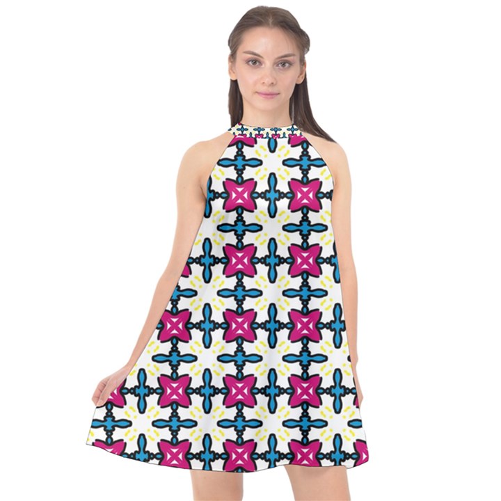Geometric Halter Neckline Chiffon Dress 