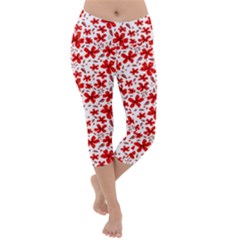 Red Flowers Lightweight Velour Capri Yoga Leggings by CuteKingdom