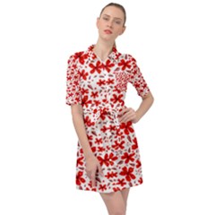 Red Flowers Belted Shirt Dress by CuteKingdom