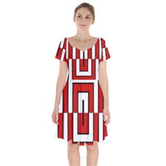 Square Maze Red Short Sleeve Bardot Dress by tmsartbazaar