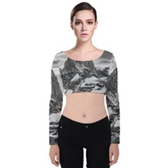 Fitz Roy And Poincenot Mountains, Patagonia Argentina Velvet Long Sleeve Crop Top by dflcprintsclothing