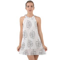 Doodle Leaves Halter Tie Back Chiffon Dress