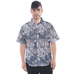 Art deco Blue and grey lotus Flower Leaves Floral Japanese hand drawn lily Men s Short Sleeve Shirt