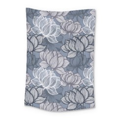 Art Deco Blue And Grey Lotus Flower Leaves Floral Japanese Hand Drawn Lily Small Tapestry by DigitalArsiart