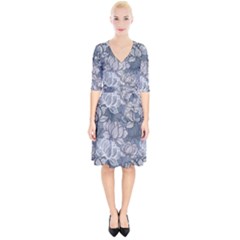 Art Deco Blue And Grey Lotus Flower Leaves Floral Japanese Hand Drawn Lily Wrap Up Cocktail Dress