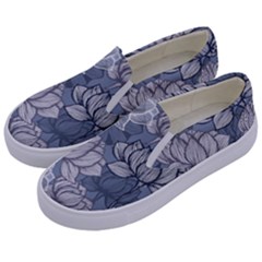 Art Deco Blue And Grey Lotus Flower Leaves Floral Japanese Hand Drawn Lily Kids  Canvas Slip Ons by DigitalArsiart