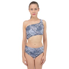 Art Deco Blue And Grey Lotus Flower Leaves Floral Japanese Hand Drawn Lily Spliced Up Two Piece Swimsuit by DigitalArsiart