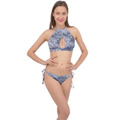 Art deco Blue and grey lotus Flower Leaves Floral Japanese hand drawn lily Cross Front Halter Bikini Set