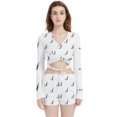 Black And White Cricket Sport Motif Print Pattern Velvet Wrap Crop Top And Shorts Set by dflcprintsclothing