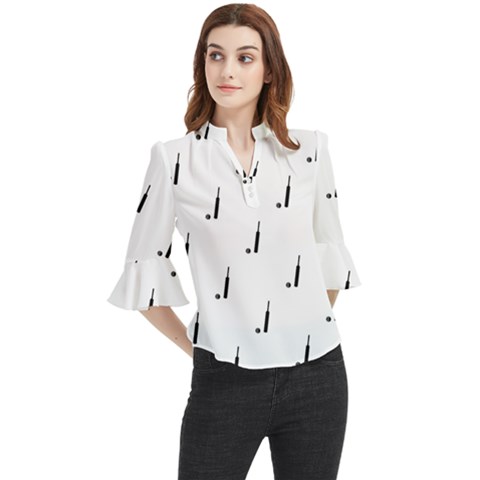 Black And White Cricket Sport Motif Print Pattern Loose Horn Sleeve Chiffon Blouse by dflcprintsclothing