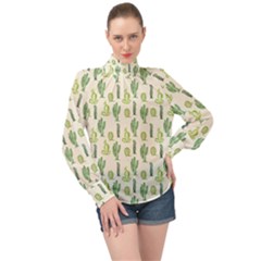 Cactus Pattern High Neck Long Sleeve Chiffon Top by goljakoff