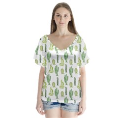 Cactus Pattern V-neck Flutter Sleeve Top by goljakoff