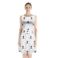 Black And White Surfing Motif Graphic Print Pattern Sleeveless Waist Tie Chiffon Dress by dflcprintsclothing