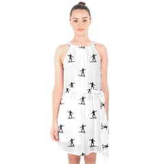 Black And White Surfing Motif Graphic Print Pattern Halter Collar Waist Tie Chiffon Dress by dflcprintsclothing