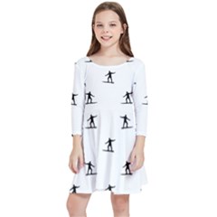 Black And White Surfing Motif Graphic Print Pattern Kids  Quarter Sleeve Skater Dress by dflcprintsclothing