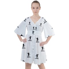 Black And White Surfing Motif Graphic Print Pattern Boho Button Up Dress by dflcprintsclothing