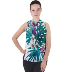 Tropical Flowers Mock Neck Chiffon Sleeveless Top by goljakoff